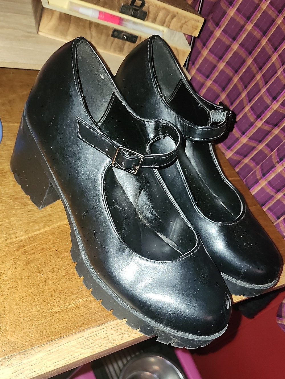 Soda Black Mary Jane Lug Heel Pumps